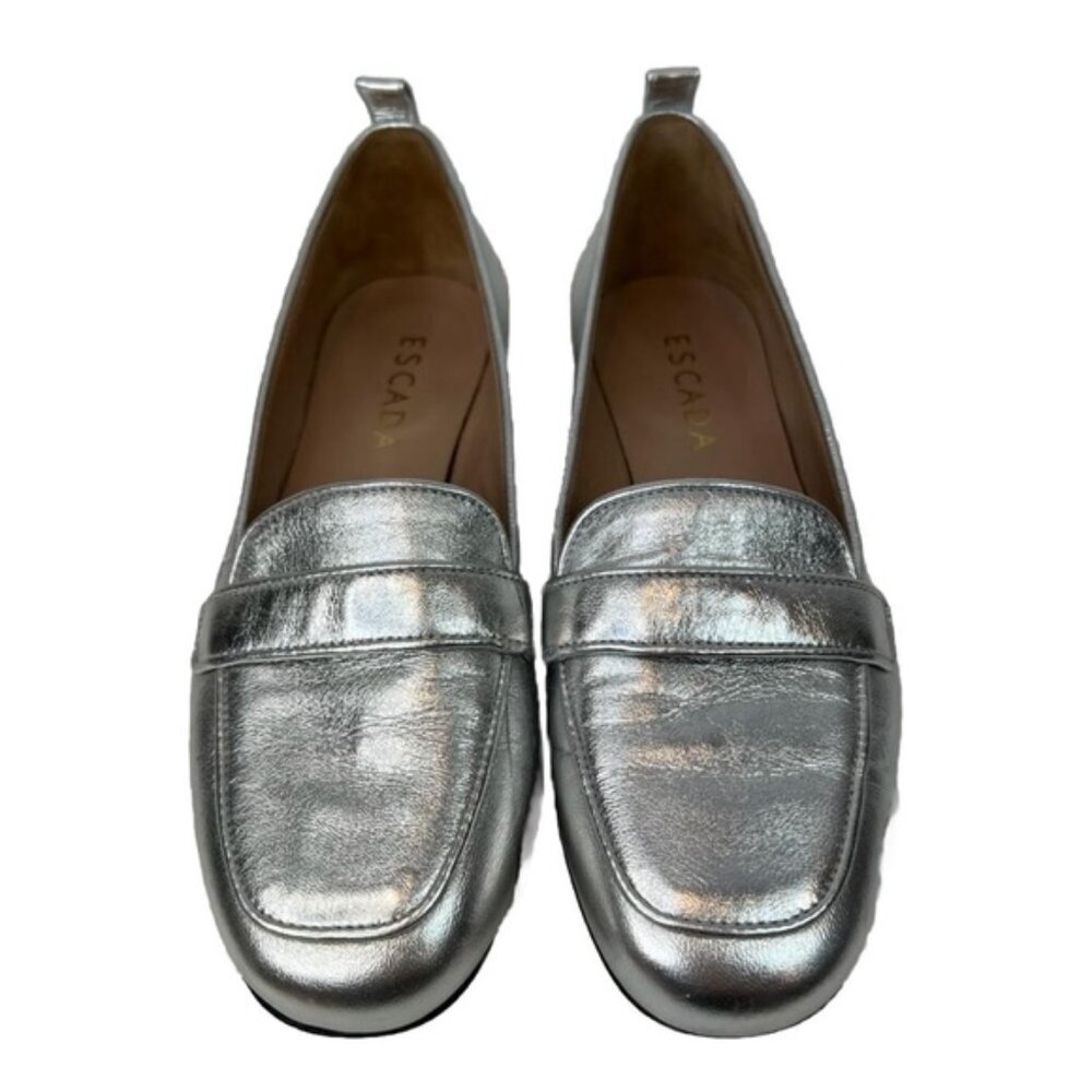 ESCADA Vero Cuoio Leather Made in Italy 🇮🇹 Silver Oxfords Flats Loafers Sz35.5